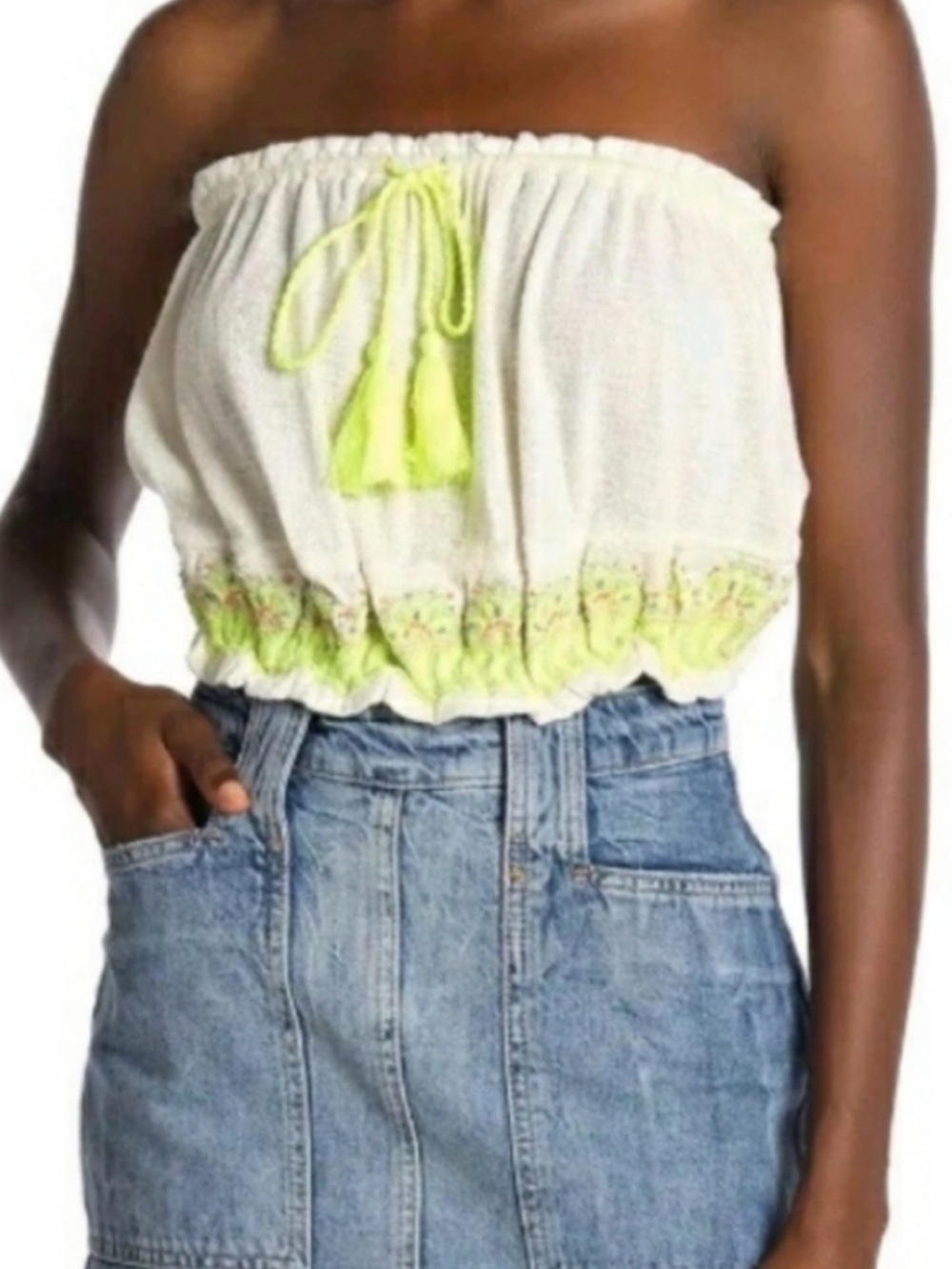 NWT Free People ivory tube top with beaded embroidered detail with neon tassel.